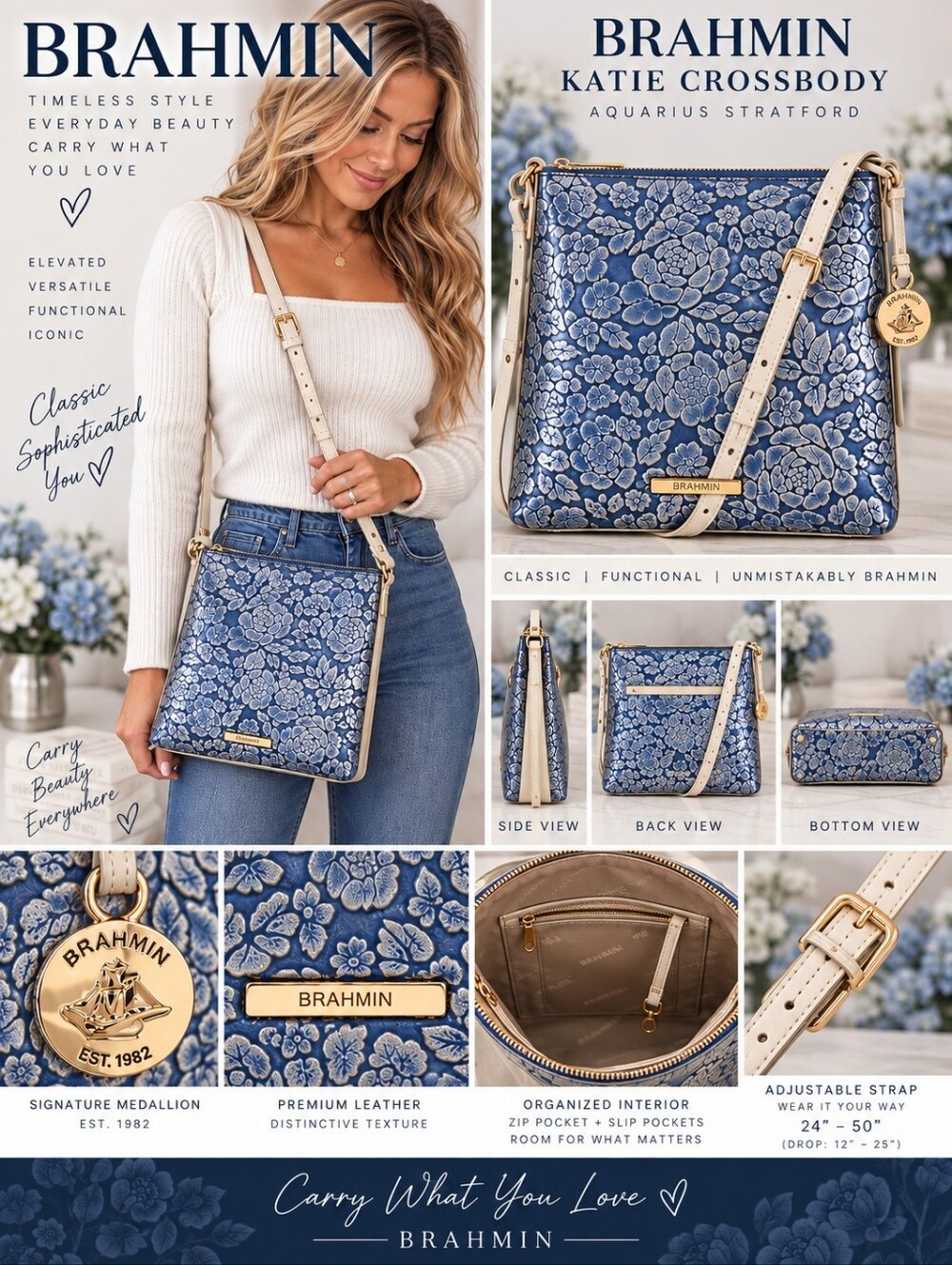 Brahmin Navy Blue Floral-Embossed Crossbody with Cream Strap